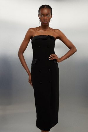 Двубортное платье-бандо миди из крепа с атласной спинкой по индивидуальному заказу , черный Karen Millen