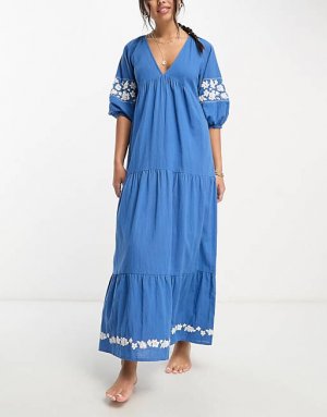Пляжное летнее платье макси с вышивкой темно-синего кобальта Accessorize