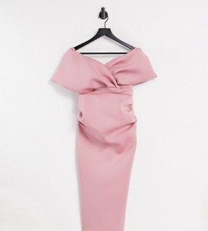 Бледно-розовое облегающее платье миди с запахом на лифе и открытыми плечами -Розовый цвет True Violet Maternity