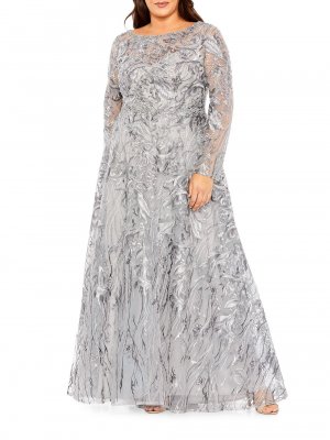 Fabulouss Металлизированное платье больших размеров с длинными рукавами , угольный Mac Duggal
