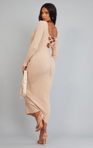 Овсяное вязаное облегающее платье Midaxi с завязкой на спине для беременных PrettyLittleThing