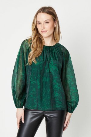Миниатюрная блузка из органзы с цветочным принтом , зеленый Oasis