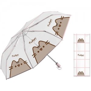 Зонт складной PUKS-UA1-U95, механический, 3 сложения, с чехлом Pusheen. Цвет: бесцветный/бежевый/розовый/белый