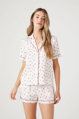 Пижамный комплект из рубашки и шорт с вишневым принтом , розовый Forever 21