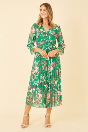 Платье миди с цветочным принтом и плиссированной юбкой , зеленый Yumi
