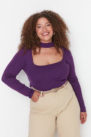 Трикотажная блузка со сливовым воротником , фиолетовый Trendyol