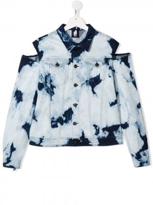 Джинсовая куртка с бахромой и выбеленным эффектом Cinzia Araia Kids. Цвет: синий