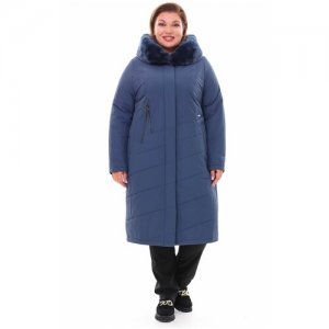 Пальто женское зимнее кармельстиль с натуральным мехом кролик большие размеры капюшоном Karmel Style. Цвет: синий
