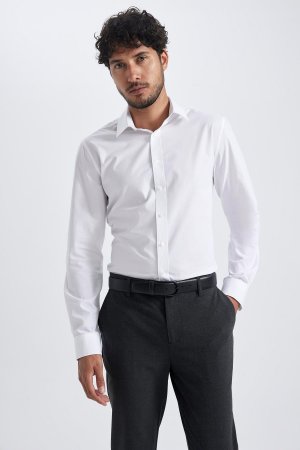 Рубашка Slim Fit с итальянским воротником и длинными рукавами без глажки , белый DeFacto