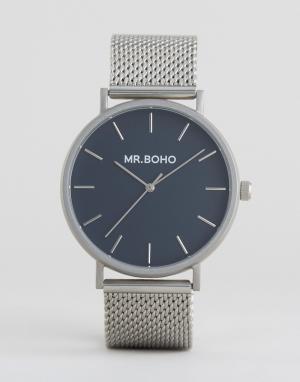 Серебристые часы с сетчатым браслетом и темно-синим циферблатом Mr Boh Boho. Цвет: серебряный