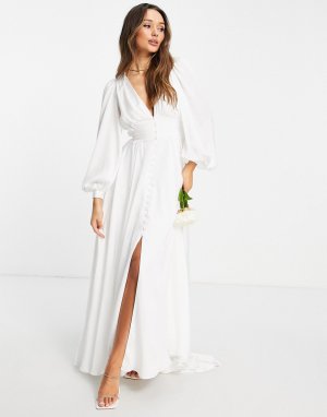 Атласное свадебное платье с пышными рукавами на манжетах и пуговицами спереди Alyssa-Белый ASOS EDITION