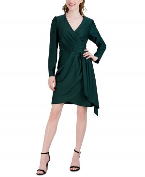 Женское плиссированное платье с длинными рукавами и искусственным запахом , зеленый julia jordan