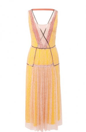 Приталенное платье-миди с кружевной отделкой Bottega Veneta. Цвет: жёлтый