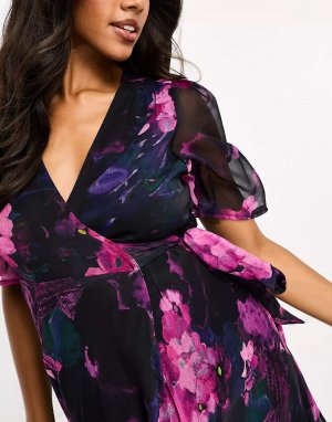 Платье макси с запахом и развевающимися рукавами Hope & Ivy для беременных фиолетового цвета цветочным принтом Maternity