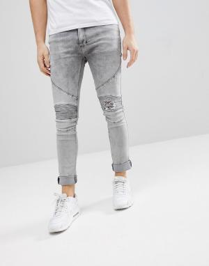 Байкерские джинсы скинни с рваными коленями Religion. Цвет: серый