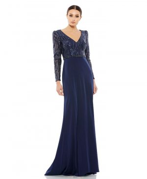 Женское платье с длинным рукавом и лифом украшением , синий Mac Duggal