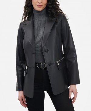 Женский кожаный пиджак с карманом на молнии , черный Anne Klein