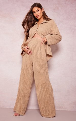Серо-коричневые фактурные широкие брюки для беременных PrettyLittleThing