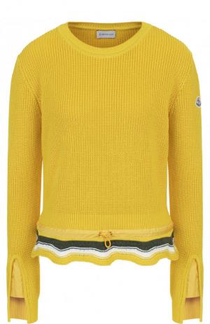 Хлопковый пуловер с оборкой и круглым вырезом Moncler. Цвет: желтый