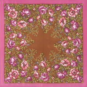 Платок ,65х65 см, коричневый, розовый Павловопосадская платочная мануфактура. Цвет: коричневый/розовый
