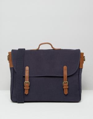 Темно-синий парусиновый портфель с коричневыми кожаными ремешками ASOS. Цвет: темно-синий