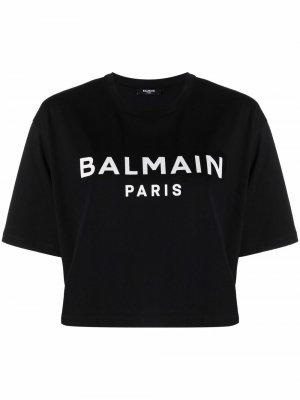 Укороченная футболка с логотипом Balmain. Цвет: черный