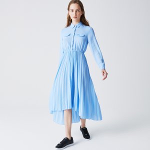 Платья и юбки Женское платье с длинным рукавом воротником-рубашкой Lacoste. Цвет: голубой