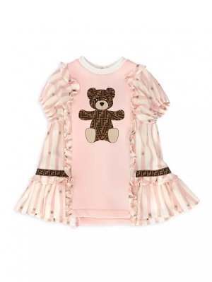 Полосатое платье с медвежонком для маленьких девочек , цвет dusty pink Fendi