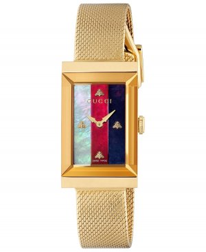 Женские швейцарские часы с G-образной оправой и золотистым PVD-покрытием из нержавеющей стали сетчатым браслетом, 21x34 мм Gucci