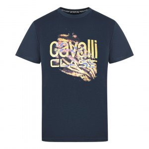 Темно-синяя футболка с ярким логотипом и принтом тигра Cavalli Class, синий CLASS