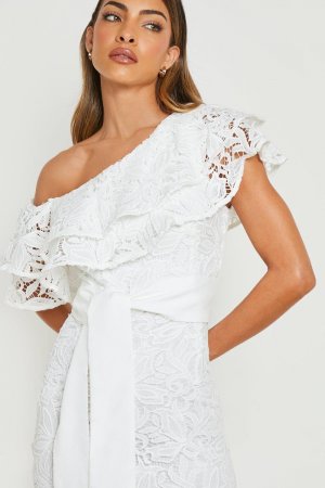 Платье миди с асимметричными оборками, связанное кружевом , белый Boohoo