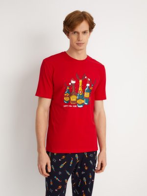 Домашний пижамный комплект новогодний (футболка и штаны) zolla. Цвет: красный