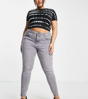 Серые зауженные джинсы с завышенной талией и рваной отделкой на колене Callie-Серый Noisy May Curve