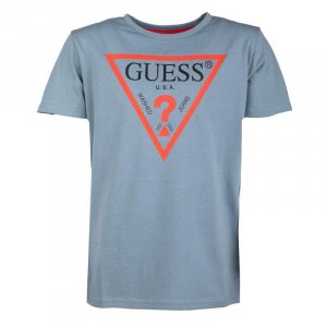 Детская голубая футболка с короткими рукавами и логотипом GUESS