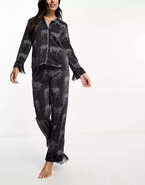 Черный пижамный комплект на пуговицах с металлическим ребристым принтом и брючным Chelsea Peers