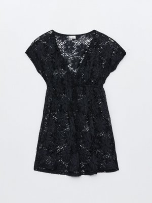 Женское пляжное платье с коротким рукавом и V-образным вырезом вышивкой LCW DREAM, новый черный Dream