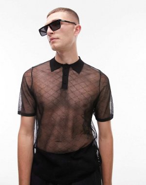 Черная вязаная прозрачная рубашка-поло с ромбами Topman