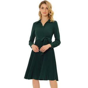 Женское шифоновое платье-рубашка с V-образным вырезом и длинными рукавами, плиссированным подолом поясом , темно-зеленый ALLEGRA K