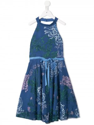 Платье Ivana с цветочной вышивкой MARCHESA NOTTE MINI. Цвет: синий