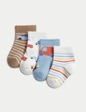 4 пары детских носков-транспортеров с высоким содержанием хлопка (0–3 года) , мульти Marks & Spencer