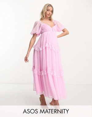 Светло-розовое чайное платье добби с открытой спиной и кружевными вставками ASOS DESIGN Maternity