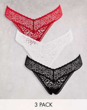 Три комплекта кружевных стрингов черного, белого и красного цветов New Look