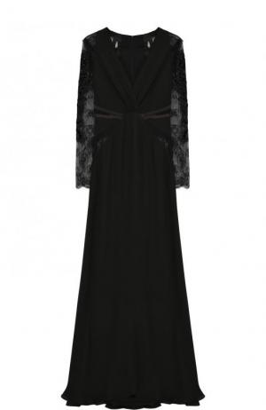 Платье-макси с кружевными рукавами и V-образным вырезом Roberto Cavalli. Цвет: черный