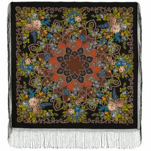 Платок ,148х148 см, коричневый, бежевый Павловопосадская платочная мануфактура. Цвет: черный