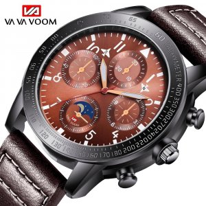 Мужские кварцевые часы Спортивные военные пилотные серии Черные кожаные многофункциональные наручные Оригинальные 3ATM VA VOOM
