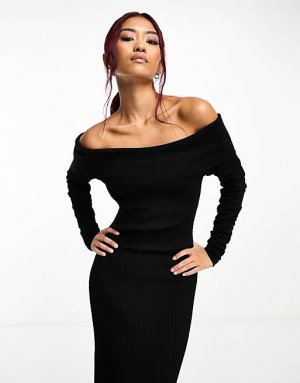Черное трикотажное платье макси со складками Bardot