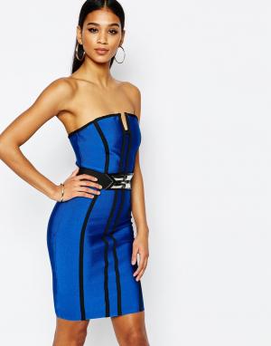 Облегающее бандажное платье с поясом WOW Couture. Цвет: синий