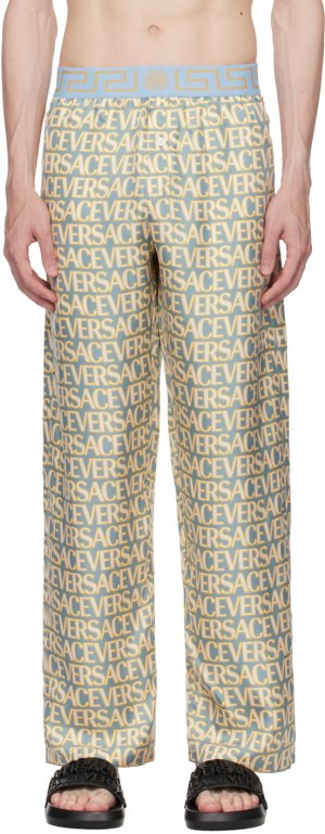 Синие и кремово-белые пижамные брюки по всей длине Versace Underwear
