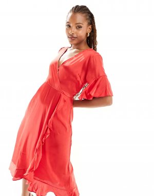 Красное атласное платье с запахом AX Paris Bardot