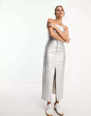 Серебристая джинсовая юбка миди с металлизированным разрезом Pull&Bear